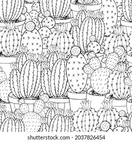 Seamless botanical illustration. Tropical pattern of different cacti, aloe