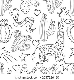 Seamless botanical illustration. Tropical pattern of different cacti, aloe