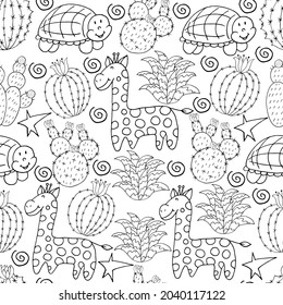 Seamless botanical illustration. Tropical pattern of different cacti, aloe