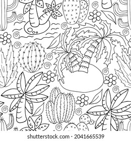Seamless botanical illustration. Tropical pattern of different cacti, aloe