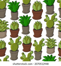 Seamless botanical illustration. Tropical pattern of different cacti, aloe