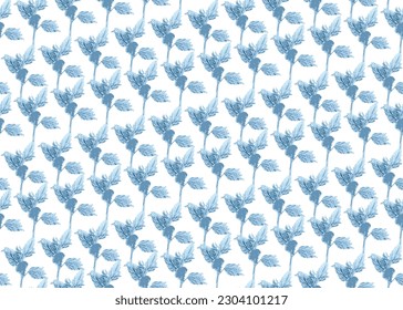 Seamless botanical indigo blue Floral Pattern with Flowers,Leaves and Branches.Geometric With cross Lines winter blue Flower leaves Vector Pattern with white background.pattern for season,textile.,