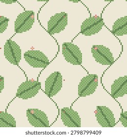 Seamless Botanical Leaf Pattern Cross Stitch Big Foliage Vine Tiny Flower Sage Green Nature Folk Vector