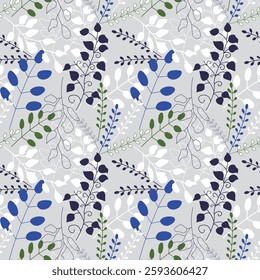 Seamless Botanical Leaf Pattern – Elegant Blue and Green Foliage on Light Background