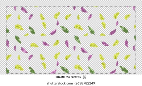 Seamless botanical leaf pattern with green and purple foliage on transparent background