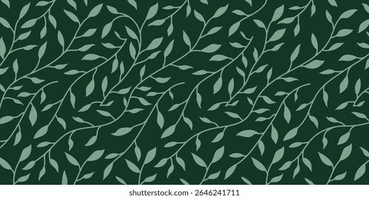 Seamless botanical leaf pattern on dark green background, ideal for nature-inspired wallpaper, fabric, packaging, and eco-friendly design projects. Elegant foliage vector for modern decor.