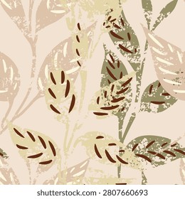 Seamless botanical leaf pattern with textured hand painted foliage in earthy neutral tones. Modern vector repeat for fabric, wallpaper, packaging, stationery and home decor