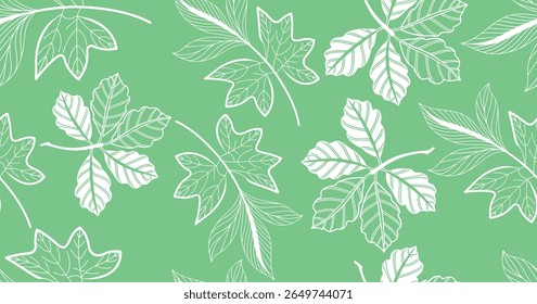 Seamless botanical leaf pattern with white hand-drawn foliage on a soft green background, perfect for nature-themed textiles, wallpaper, wrapping paper, eco design, and organic branding visuals.