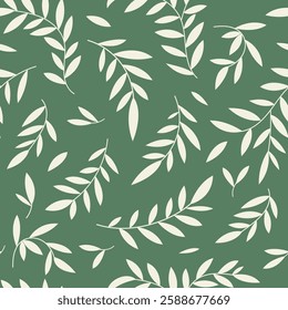 Seamless botanical leaves pattern, abstract nature ornament silhouettes. Simple floral surface design, branches on a green background. Vector illustration in two colors