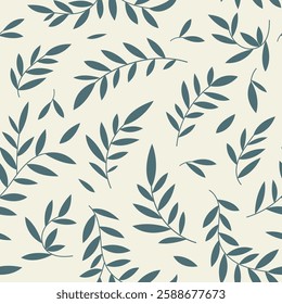 Seamless botanical leaves pattern, abstract nature ornament silhouettes. Simple floral surface design, blue branches on a milk white background. Vector illustration in two colors