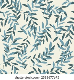 Seamless botanical leaves pattern, abstract nature ornament silhouettes. Simple floral surface design, blue branches on a milk white background. Vector illustration in two colors