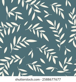 Seamless botanical leaves pattern, abstract nature ornament silhouettes. Simple floral surface design, branches on a blue background. Vector illustration in two colors