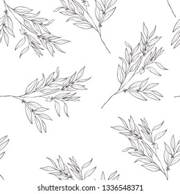 Seamless botanical line art pattern. Background with eucalyptus.