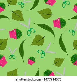 Seamless botanical nature pattern leaves scissors and pots with cactus repeat creative decor repeat endless background texture for textile, wallpaper, wrapping, print