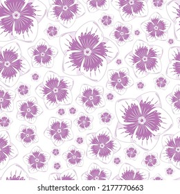 Seamless botanical ornament pattern with autumn small abstract purple flowers in warm pastel colors isolated on white background in flat cartoon style.