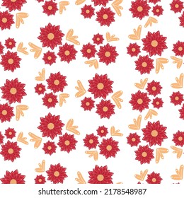 Patrón de ornamento botánico sin foco con flores rojas abstractas de otoño en colores pastel cálidos aisladas en fondo blanco al estilo de dibujos animados planos.