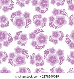 Seamless botanical ornament pattern with autumn bouquets of abstract purple flowers in pastel colors isolated on white background in flat cartoon style.