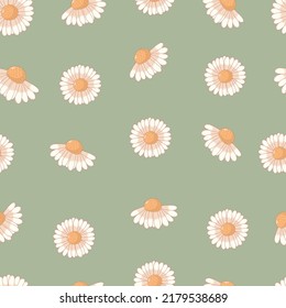 Seamless botanical ornament pattern with autumn daisies in pastel colors isolated on green background in flat cartoon style.