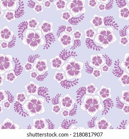 Seamless botanical ornament pattern with autumn bouquets of abstract purple flowers in pastel colors isolated on blue background in flat cartoon style.
