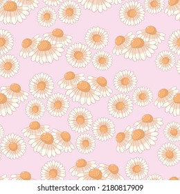 Seamless botanical ornament pattern with autumn daisy buds in pastel colors isolated on pink background in flat cartoon style.