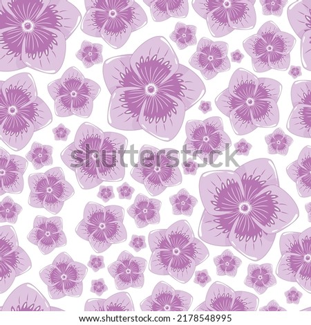 Seamless botanical ornament pattern with autumn small abstract purple flowers in warm pastel colors isolated on white background in flat cartoon style.