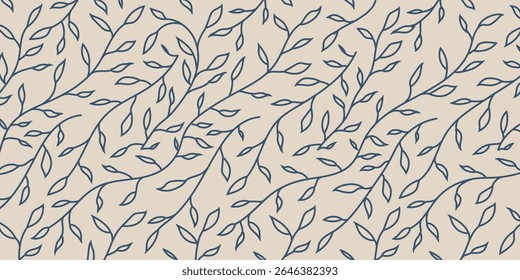 Seamless botanical outline leaf pattern with navy branches on beige background. Elegant nature vector for fabric, wallpaper, stationery, packaging, and eco-friendly design projects.