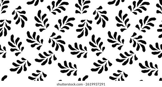 Seamless botanical pattern with abstract black leaves on a white background. Modern floral design for fabric, wallpaper, wrapping paper, textile, and digital projects. Stylish vector illustration