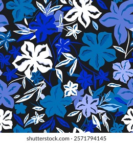 Seamless botanical pattern with abstract blue flowers. Modern floral background. Vector texture for fabric, wallpapers, apparel, textile