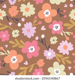 Seamless botanical pattern with abstract colorful flowers, leaves and twigs. Flat vector illustration