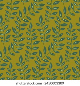 Seamless botanical pattern, abstract decorative nature ornament in retro folk motif. Elegant floral design: hand drawn leaves on stems, green foliage. Vector graphics illustration.