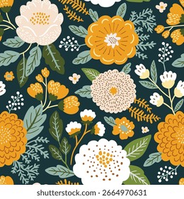 Seamless botanical pattern with abstract flowers and plants in boho style on dark background. Flat vector illustration.