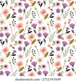 Nahtloses botanisches Muster mit abstrakten Blumen in Pastellfarben auf weißem Hintergrund. Flache Vektorgrafik.
