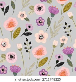 Patrón botánico sin fisuras con flores abstractas en colores pastel sobre un fondo gris. Ilustración vectorial plana.