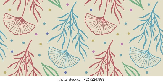 Seamless botanical pattern with abstract leaves, branches, and dots in colorful design. Modern floral background for fabric, wallpaper, and wrapping. Artistic nature illustration in retro style.