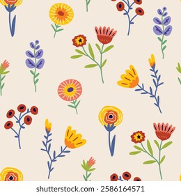 Seamless botanical pattern with abstract multi-colored flowers, leaves and twigs on a light background. Flat vector illustration