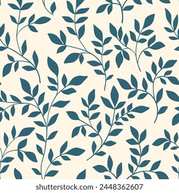 Seamless botanical pattern, abstract nature ornament: leaves silhouettes. Simple floral surface design: hand drawn small foliage, blue branches on a white background. Vector illustration in two colors