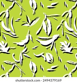 Nahtloses botanisches Muster, abstrakte Natur Ornament: Blätter Silhouetten. Einfaches Blumenoberflächen-Design. Blumen Hand gezeichnet nahtloses Muster. Pinsel Textur. Zwei Farben floral