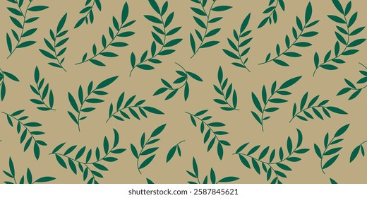 Seamless botanical pattern, abstract nature ornament leaves silhouettes. Simple floral surface design hand drawn small foliage, green branches on a beige background. Vector illustration in two colors