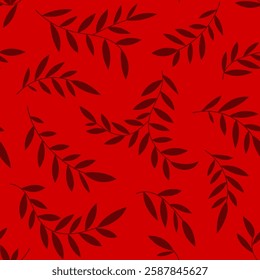 Seamless botanical pattern, abstract nature ornament: leaves silhouettes. Simple floral surface design: hand drawn small foliage, dark red branches on a red background. Vector illustration