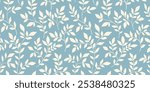 Seamless botanical pattern, abstract ornament of simple hand drawn silhouettes of plants. Floral print, small white branches, tiny leaves, foliage on blue background. Vector illustration in two colors