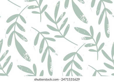 Seamless botanical pattern, abstract ornament with simple leaves. Two-color floral surface design: hand drawn foliage silhouettes, distressed texture on white background. Vector illustration.