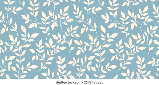 Padrão botânico sem costura, ornamento abstrato de silhuetas desenhadas à mão simples de plantas. Impressão floral, pequenos galhos brancos, folhas minúsculas, folhagem em fundo azul. Ilustração vetorial em duas cores