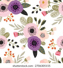 Padrão botânico contínuo com buquês de flores de pastel abstrato e plantas em um fundo branco. Ilustração de vetor plano.