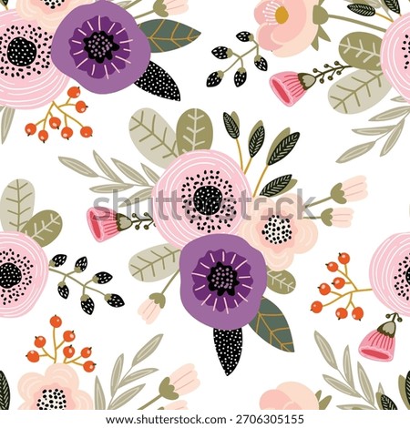 Seamless botanical pattern with abstract pastel flower bouquets and plants on a white background. Flat vector illustration.