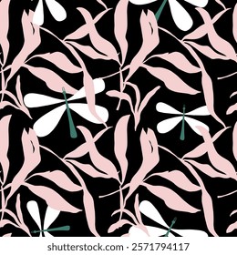 Seamless botanical pattern with abstract pink leaves and moths. Modern floral monochrome background. Vector texture for fabric, wallpapers, apparel, textile