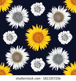 Seamless botanical pattern.  Abstract Sunflower flowers background. Vector illustration drawing for use as wallpaper design, textile fabric or wrapping paper.