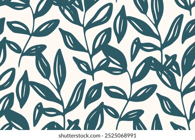 Seamless botanical pattern, abstract texture, nature ornament with sketch leaves. Floral design: hand drawn foliage, blue silhouettes of plants on white background. Vector illustration in two colors.