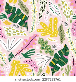 Seamless botanical pattern with abstract tropical leaves and shapes. Summer pastel jungle florals design. Great for fabric, textile, wrapping paper, wallpaper. Vector texture