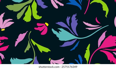 Seamless botanical pattern acidic modern collage of drawings of various flowers, branches, neon colored shapes on a dark hand sketch background. Vector illustration