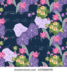 Seamless botanical pattern with american flowers - cactus epiphyllum and nasturtium. Summer design.